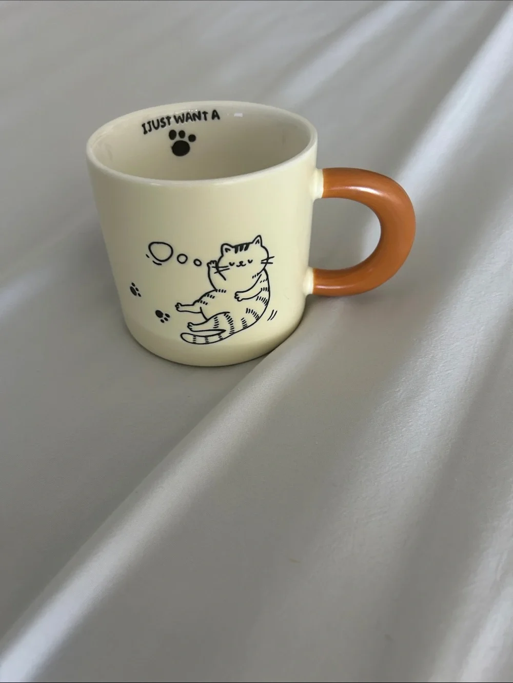 Cream Cat Print Ceramic Mug with Orange Handle